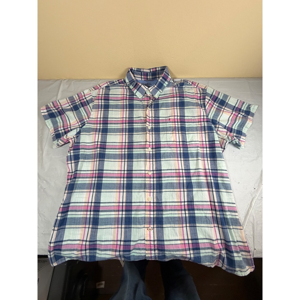Izod Saltwater Mens XXL Short Sleeve Plaid Button Down Shirt Blue Pink 393575